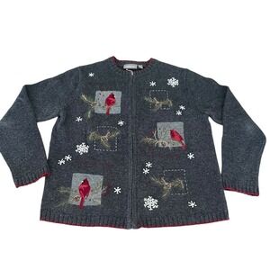 Croft & Barrow Cardinal  Zip Up Sweater Christmas Gray Red Women's Medium Angora